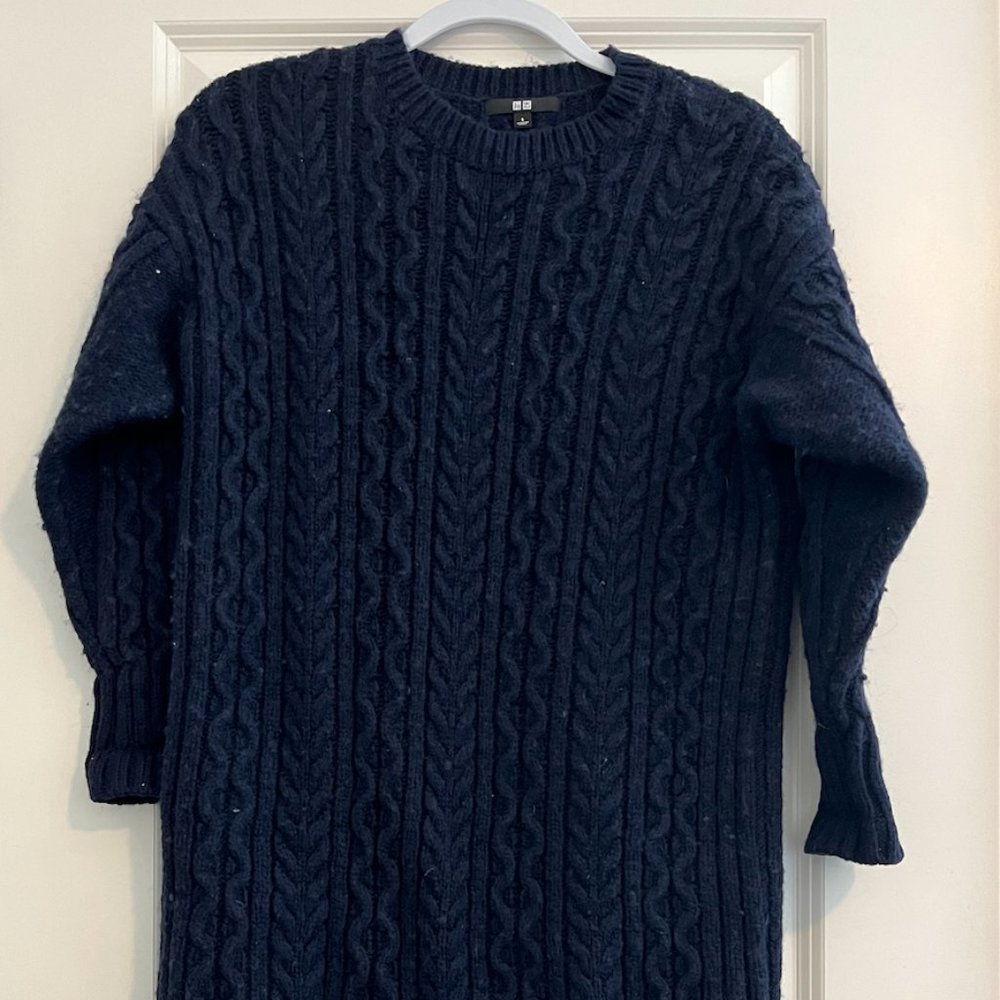 navy blue cable knit knee length dress